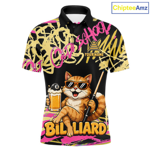 Custom Name Billiard Shirt Retro Graffiti Cat & Beer 8 Ball Pool Jersey, Funny Billiard Gifts