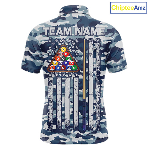 Navy Blue Camo Billiard Team Shirt Custom Patriot US Flag Pool Team Billiard Jersey