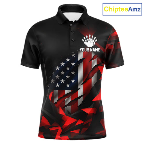 Custom Red And Black Geometric Bowling Shirt US Flag Patriotic Bowling Tournament Jersey