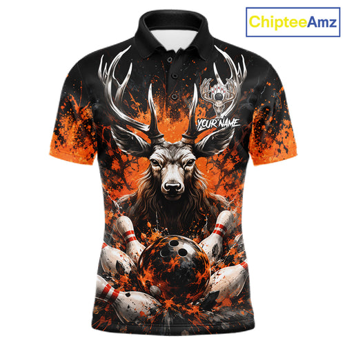 Orange Splatter Bowling Shirt Deer Bowling Jersey Personalized Name Bowling Tournament Shirt