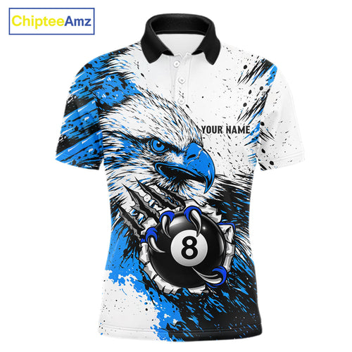 Blue Splatter Eagle 8 Ball Pool Polo Shirt Custom Billiard League Team Jersey With Name