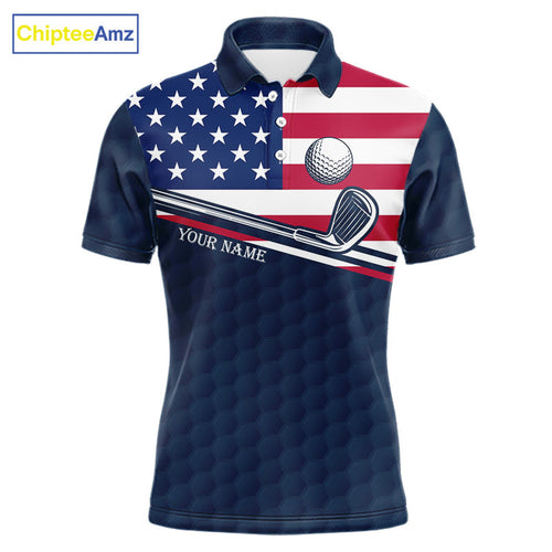 Funny Cat Golf Polo Shirt Custom Name Blue Navy American Flag Team Golf Shirts