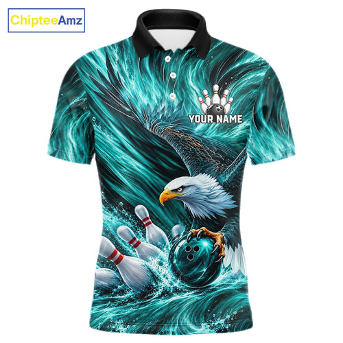 Custom Teal Eagle Water Splash Bowling Polo 1/4-Zip Personalized Bowling League Jersey