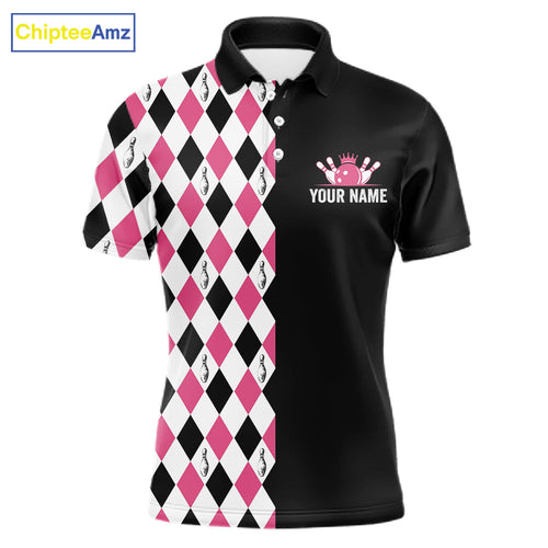 Custom Pink Argyle Bowling Polo 1/4-Zip Shirt Argyle Bowling Tournament Team Jersey