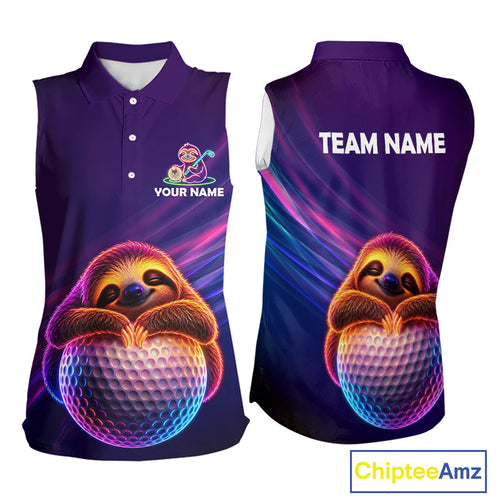 Funny Golf Sleeveless Polo Shirts Custom Cute Sloth Purple Neon Light Golf Team Outfit, Golf Gifts