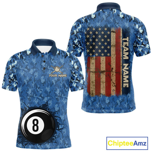 USA Flag 8 Ball Billiards Team Shirt Personalized Blue Camo Patriotic Pool Polo Jersey