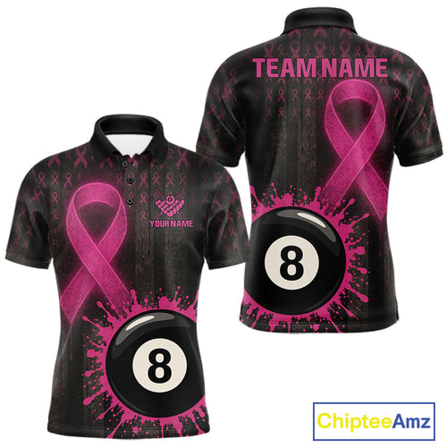 Billiard Breast Cancer Shirt Personalized Pink Ribbon 8 Ball Pool Polo 1/4-Zip Jersey