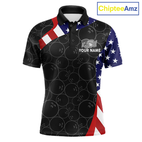 Custom Black Bowling Ball US Flag Bowling Polo 1/4-Zip Shirt Patriotic Bowling Tournament Jersey