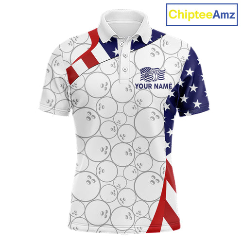 Custom White Bowling Ball US Flag Bowling Polo 1/4-Zip Shirt Patriotic Bowling Tournament Jersey