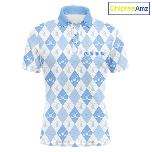 Golf Polo Shirt Custom White And Blue Argyle Plaid Pattern Golf Team Attire Golf Gifts