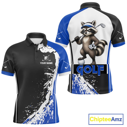 Funny Raccoon Golfer Golf Polo Shirts Custom Blue Splatter Golf Team Outfits Golf Gift
