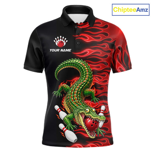 Custom Funny Alligator Fire Flame Bowling Shirt Personalized Red Flame Bowling Team Jersey