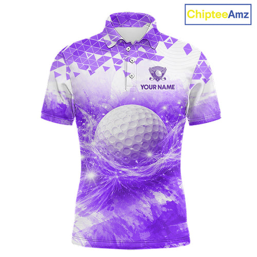 Purple Golf Polo Shirt Custom Water Splash Pattern With Golf Ball, Team Golf Tops