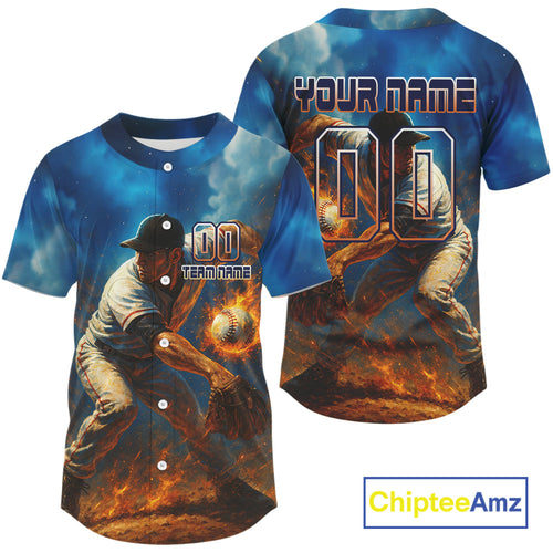 Custom Blue And Yellow Flames Baseball Ball Jersey Baseball Shirt