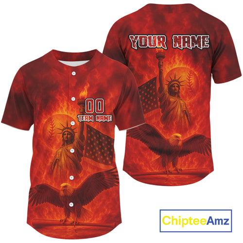 Custom Red Flames Eagle Patriotic Baseball Jerseys Outfits US Flag Baseball Shirt