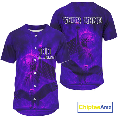 Custom Purple Flames Eagle Patriotic Baseball Jerseys Outfits US Flag Baseball Shirt