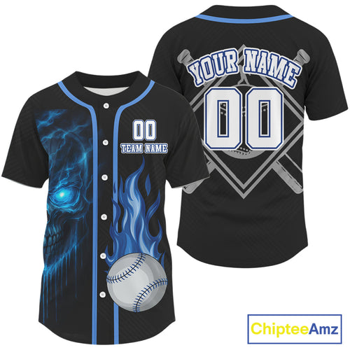 Custom Blue Flames Skull Baseball Ball Shirt Flaming Baseball Jerseys