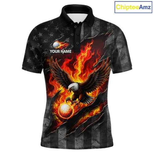 Red Flaming Torn US Flag Golf Polo Shirt Custom Name Golf Top Shirt For Team, Golf Gift