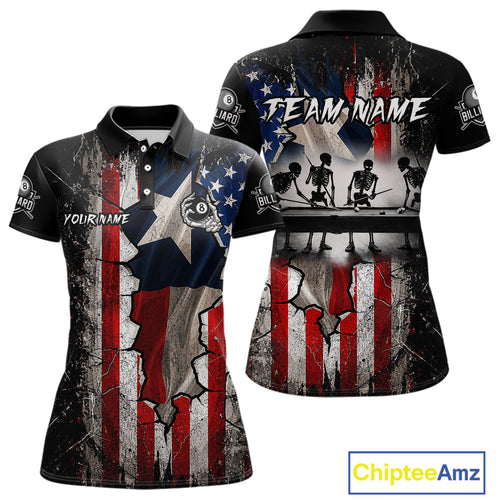 Texas Flag Billiard Pool Shirt Custom Skeleton 8 Ball Pool Team USA Patriotic Appeal