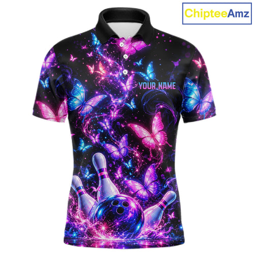 Pink Purple Neon Bowling Polo 1/4-Zip Shirt Custom Name Smoke Butterfly Bowling Jersey Uniform