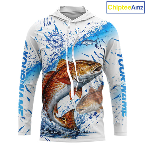Custom Name Redfish Splash Fishing Performance Shirt, Compass Red Drum Angler Apparel