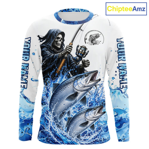 Custom Salmon Fishing Jersey Long Sleeve Grim Reaper Chinook Salmon Duo Fishing Shirt Apparel