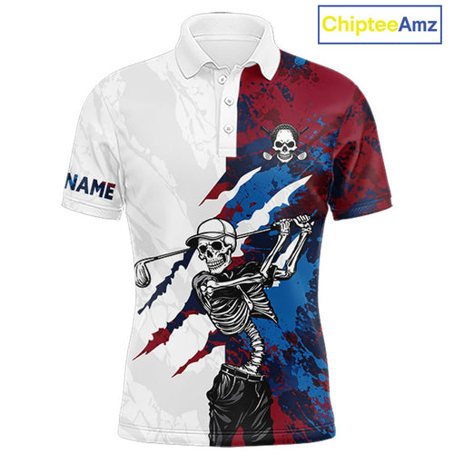 Red & Blue Splatter Funny Skull Golf Polo Shirt Custom Skull Playing Golf Team Clothes