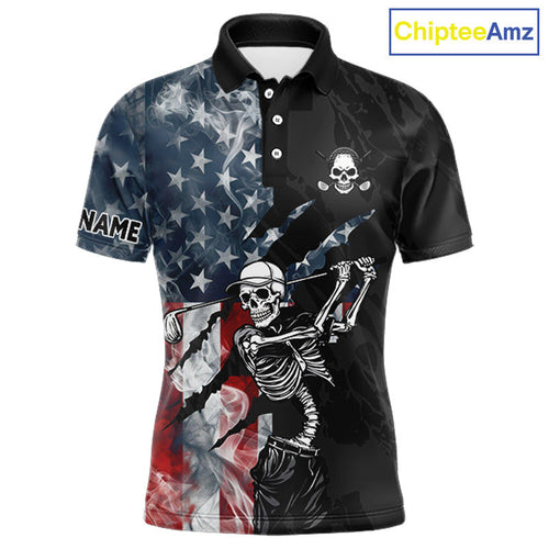 Smoke US Flag Funny Skull Golf Polo Shirt Custom Skull Playing Golf Team Clothes