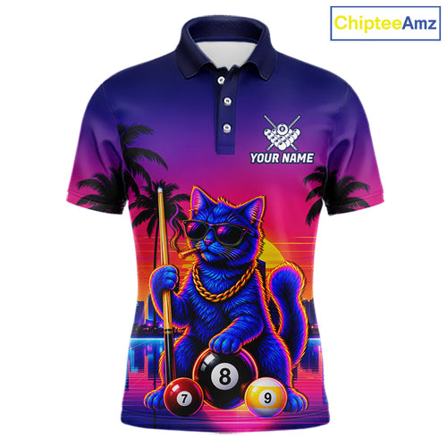 Custom Funny Billiard Shirt Personalized Neon Cat 8-Ball Pool Team Jersey Billiard Apparel