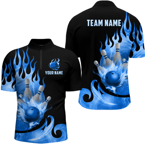 Custom Black & Blue Bowling Shirts & Flame Bowling Team Jersey Quarter-Zip