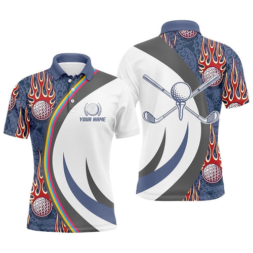 Red Flame Golf Ball Men's Polo Shirts Blue Custom Name Golf Shirts For Men, Best Golf Gifts, Golf Polo Shirt, Golf Shirts