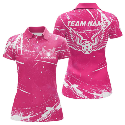 Pink And White Custom Pickleball Wings Polo Shirts For Women, Pickleball Tournament Shirt, Pickleball Polo Shirts