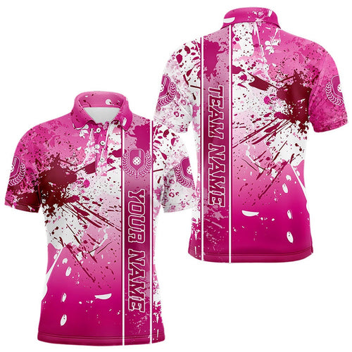 Pink And White Splatter Custom Pickleball Polo Shirts For Men, Pickleball Team Uniform, Pickleball Polo Shirts