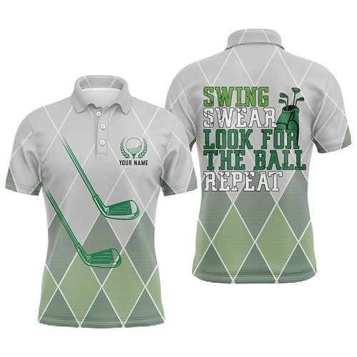 Swing Swear Look For The Ball Repeat Green Geometric Golf Clubs Men's Polo Shirt Men Golf Tops, Golf Polo Shirt, Golf Shirts