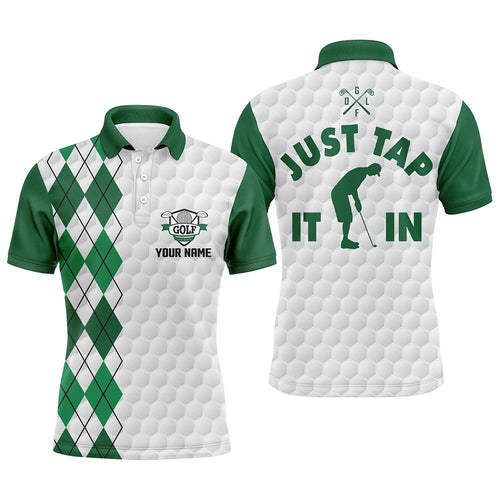 White Golf Shirt Men's Custom Name Just Tap It In Green Argyle Pattern Team Men's Polo Golf Shirts, Golf Polo Shirt, Golf Shirts