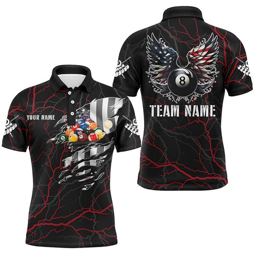 Red Thunder US Flag Billiard Balls 3D Polo Shirts Billiard 8 Ball Wings Polo, Personalized Billiard Polo Shirt