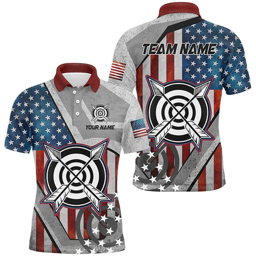 USA Flag Archery Shirts For Men Custom Patriotic Archery Polo For Team Archers, Custom Archery Team Polo Shirt