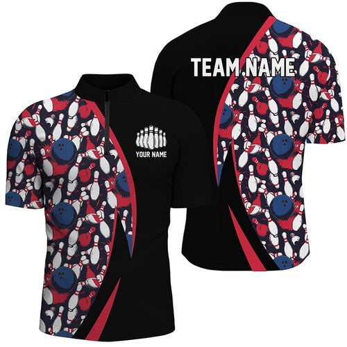Red, White And Blue Bowling Ball And Pins Pattern Bowling Team Jersey For Men, Custom Bowling Team Jersey Shirt