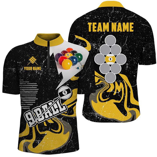 Yellow Black 9 Ball Pool Billiard Shirts Custom Grunge 9 Ball Billiard Team Shirts, Personalized Billiard Team Jersey Shirt