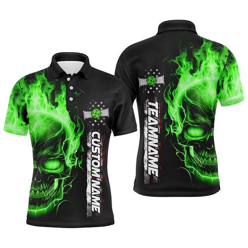 Flame Skull American Flag Custom Team Pickleball Shirts For Men, Pickleball Polo Shirts