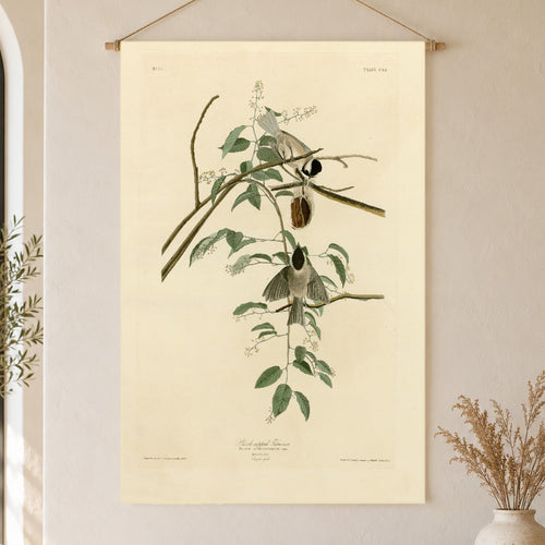 Black-capped Chickadee Vintage Field Plate Linen Wall Tapestry