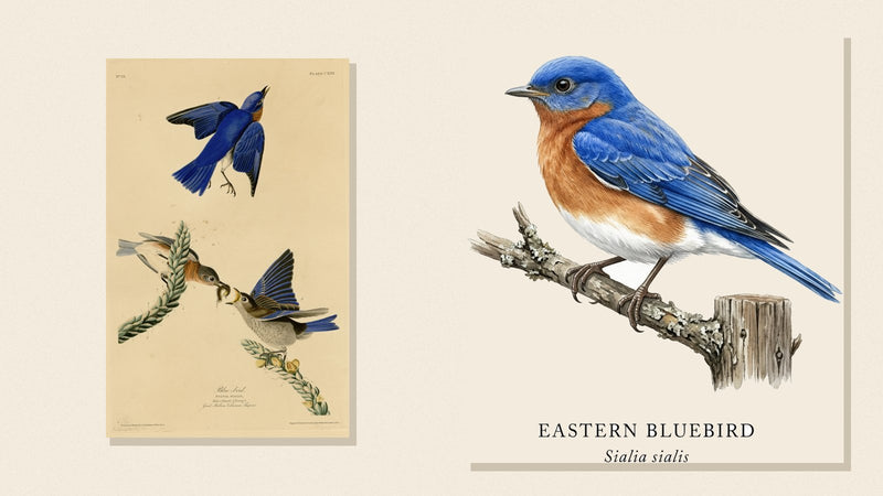Audubon's Blue-bird plate beside Shopwada's watercolor Eastern Bluebird illustration