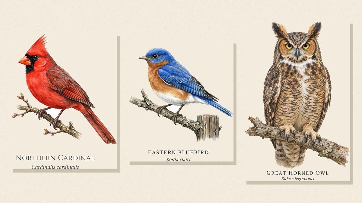 Three Shopwada watercolor field-guide illustrations: Northern Cardinal, Eastern Bluebird and Great Horned Owl