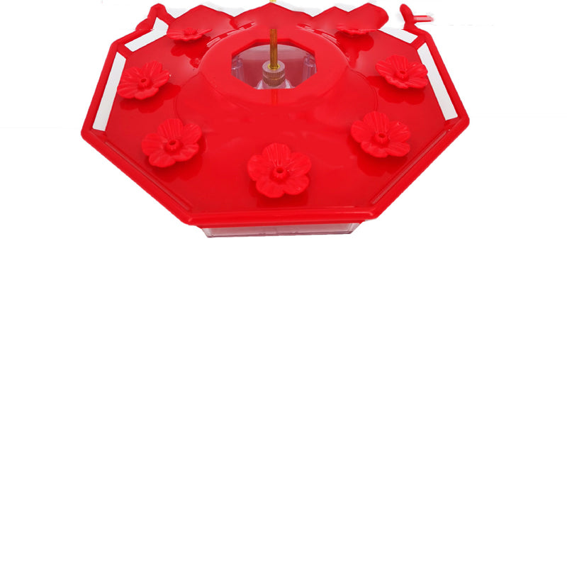 Red saucer hummingbird feeder with flower ports