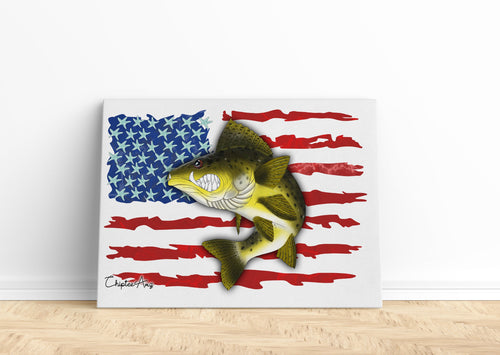 Angry Walleye fishing art with American flag 's art Matte Canvas