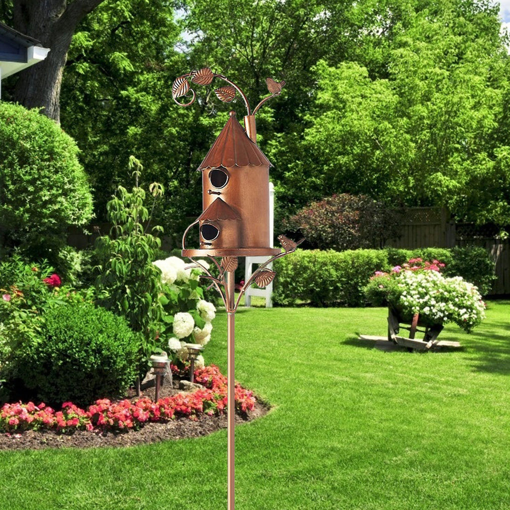 Metal Cottage Bird House Garden Stake