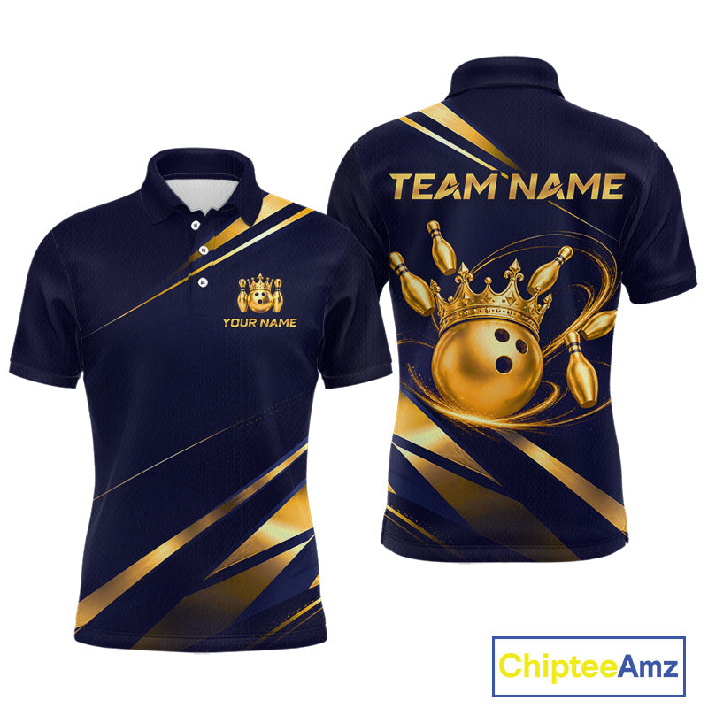 Custom Navy & Gold Bowling Team Shirt Crown Bowling Ball Jersey Polo & 1/4-Zip