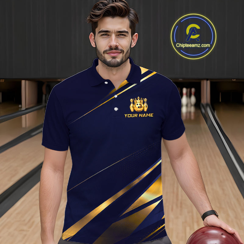 Custom Navy & Gold Bowling Team Shirt Crown Bowling Ball Jersey Polo & 1/4-Zip
