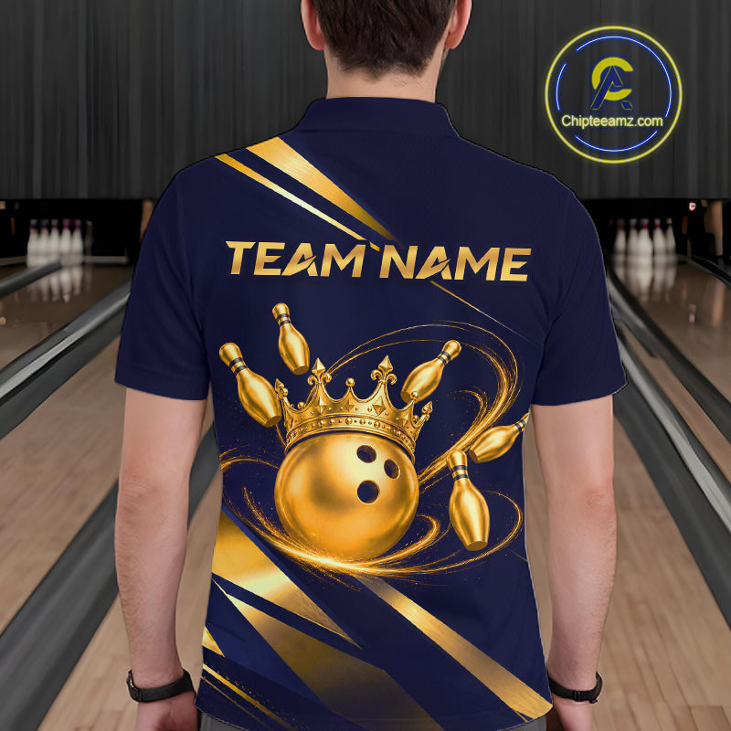 Custom Navy & Gold Bowling Team Shirt Crown Bowling Ball Jersey Polo & 1/4-Zip