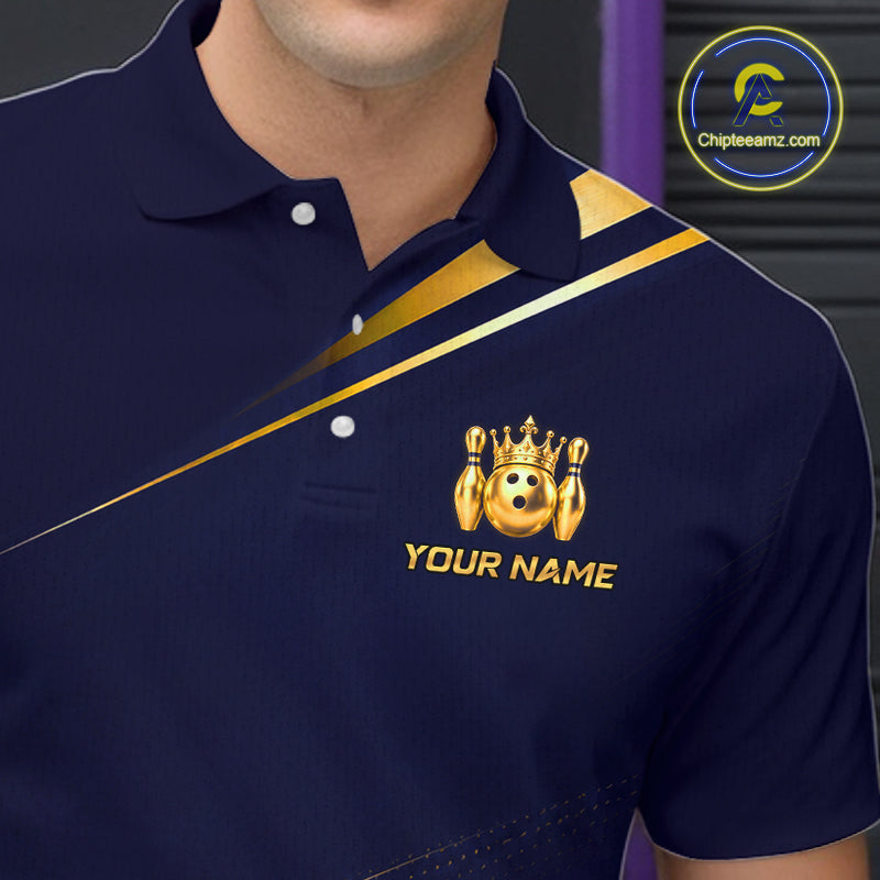 Custom Navy & Gold Bowling Team Shirt Crown Bowling Ball Jersey Polo & 1/4-Zip